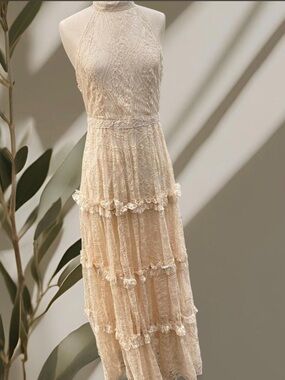 Altar'd State Cream Lace Halter Tiered Maxi Dress